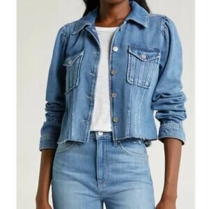 PAIGE Pacey Raw Hem Cropped Denim Jacket Blue Medium